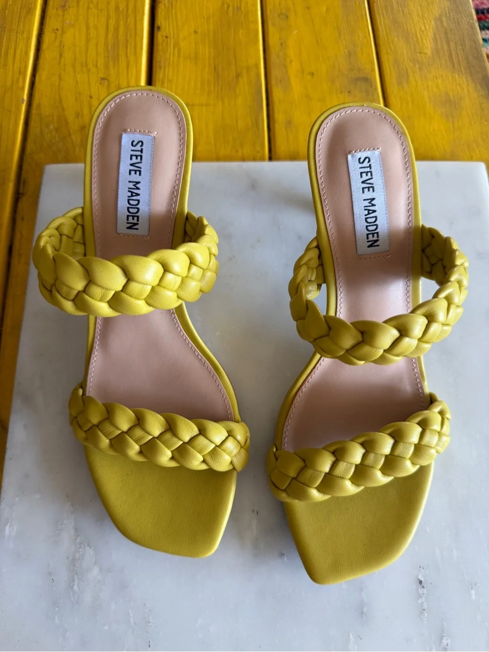 Steve Madden Yellow Braided Double Strap Mule Heels Size
